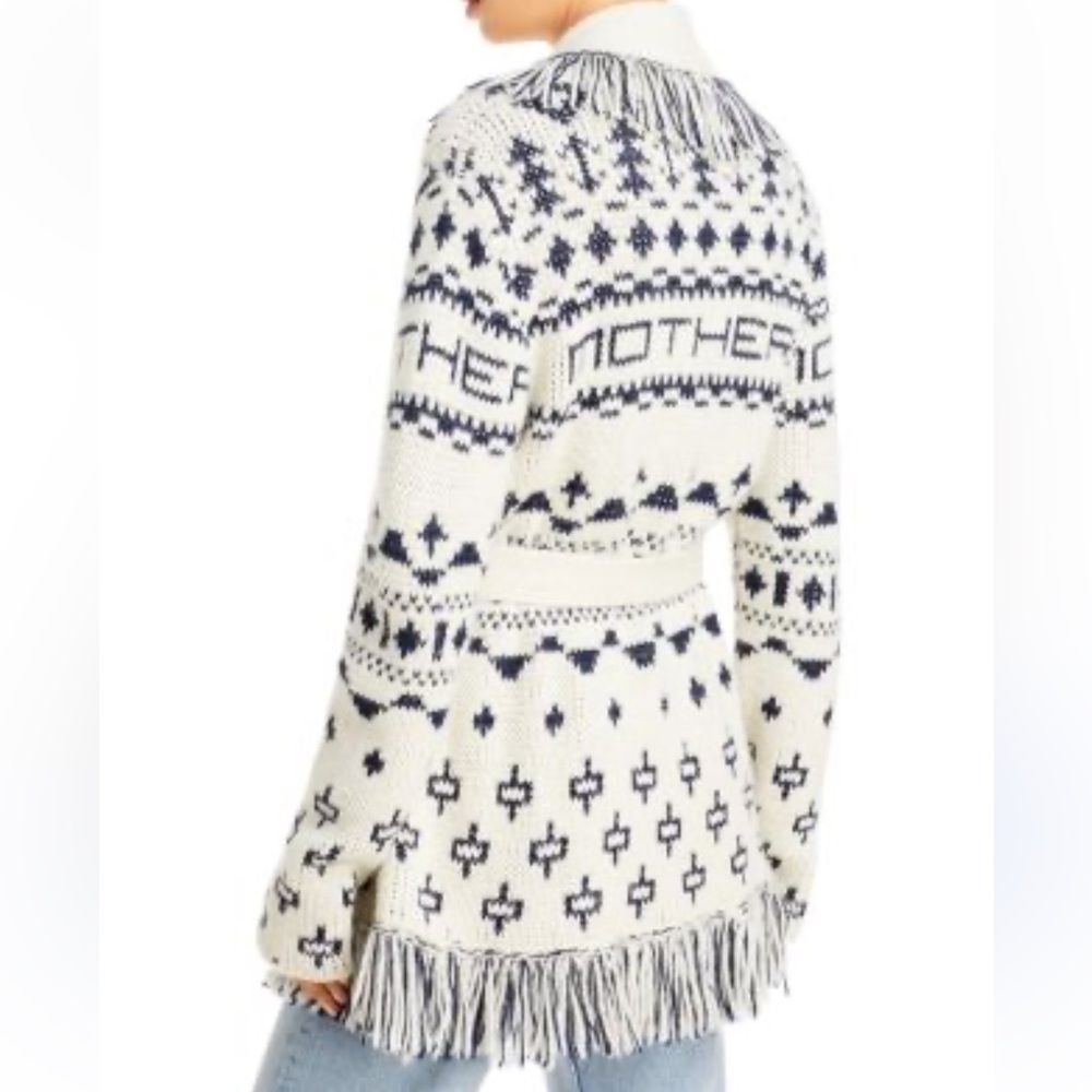 MOTHER Belted Short Cardigan Alpaca Blend Fringe Ivory Navy Blue S NWOT - Picture 4 of 11